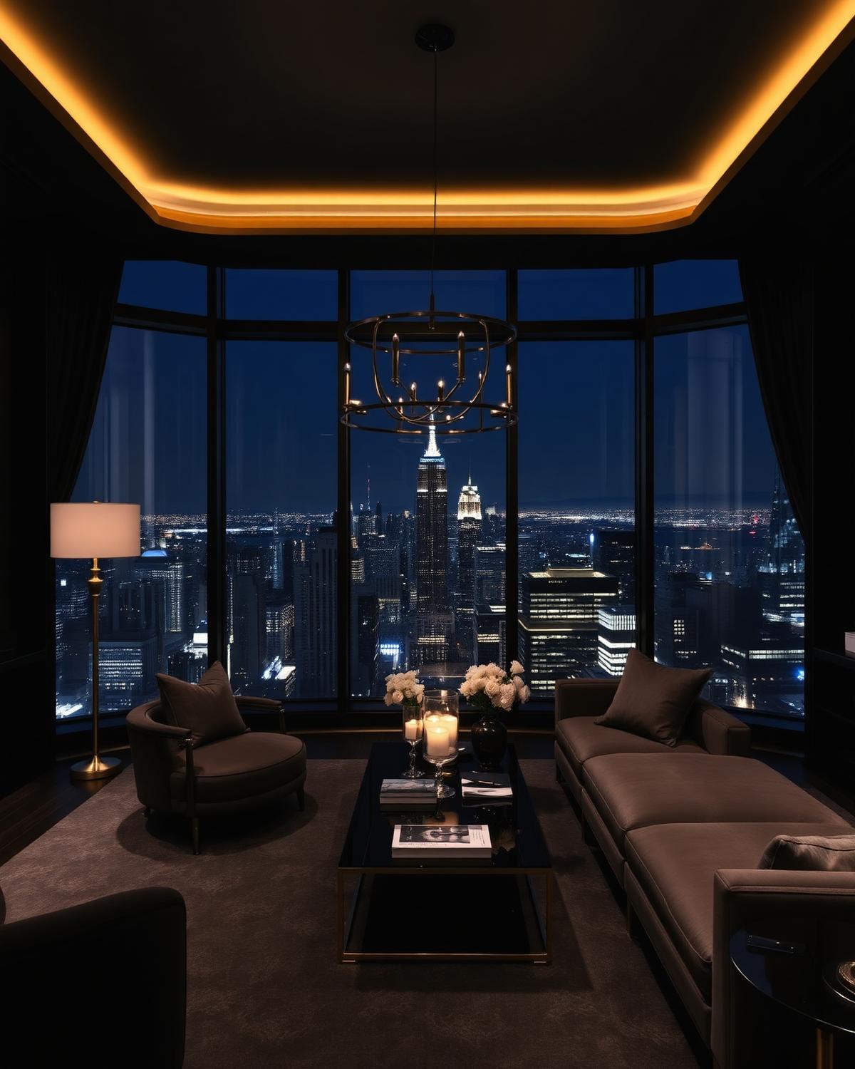 Penthouse living room overlooking a lit skyline