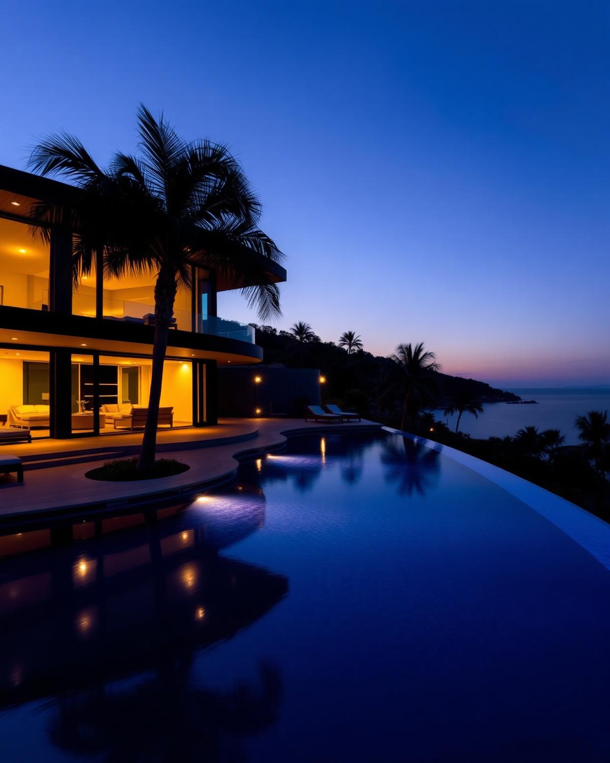 Contemporary villa with infinity pool at twilight